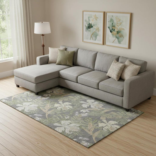 HomeRoots 9' X 12' Floral Area Rug in Gray Green Beige – Washable, UV Protected, Durable & Stylish Design! 697835
