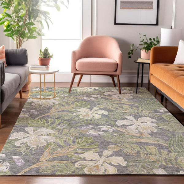 HomeRoots 9' X 12' Floral Area Rug in Gray Green Beige – Washable, UV Protected, Durable & Stylish Design! 697835
