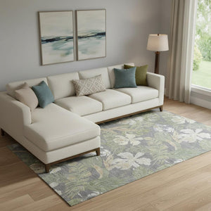 HomeRoots 10' Floral Area Rug in Gray Green & Beige – Washable, UV Protected, Perfect for Family Spaces & Pets 697836