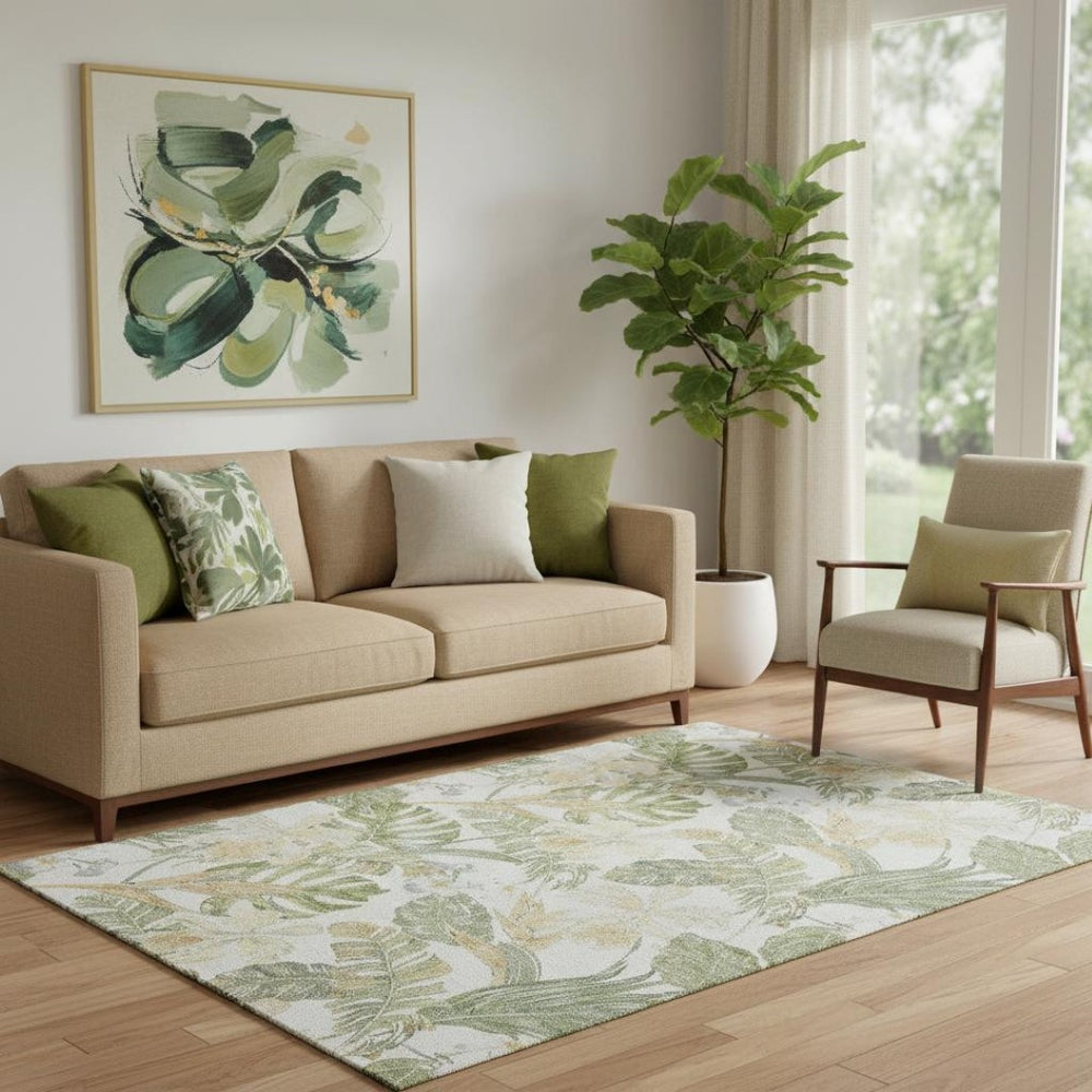 HomeRoots 5' X 8' Ivory Green & Beige Floral Washable Area Rug - UV Protected, Stain Resistant, Durable Design 697838