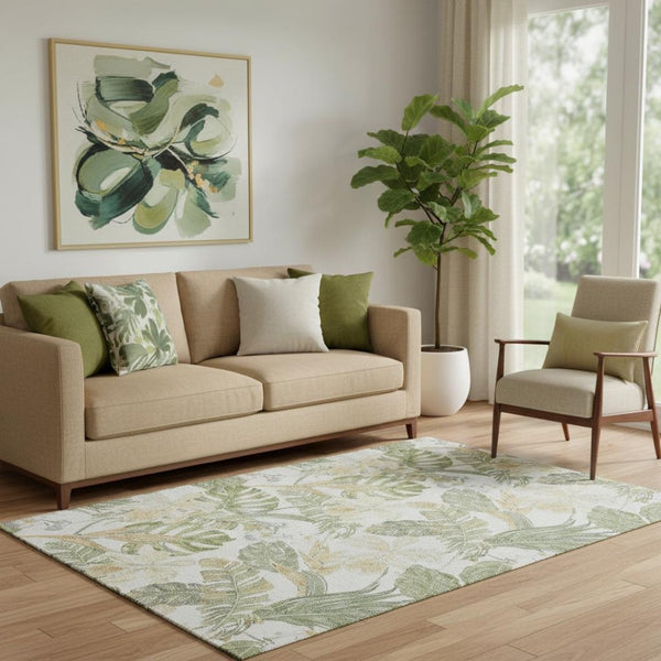 HomeRoots 5' X 8' Ivory Green & Beige Floral Washable Area Rug - UV Protected, Stain Resistant, Durable Design 697838