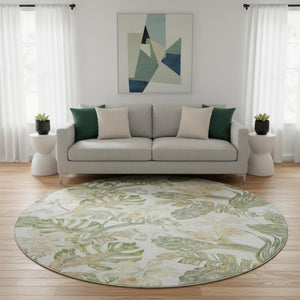 HomeRoots 8' Floral Washable Round Rug in Ivory, Green & Beige - Durable, UV-Protected, Easy Care Elegance 697839