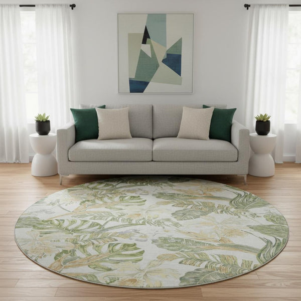 HomeRoots 8' Floral Washable Round Rug in Ivory, Green & Beige - Durable, UV-Protected, Easy Care Elegance 697839