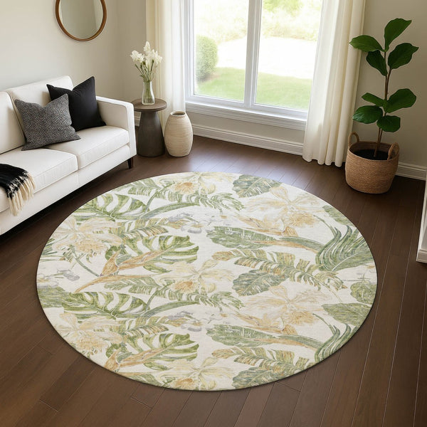 HomeRoots 8' Floral Washable Round Rug in Ivory, Green & Beige - Durable, UV-Protected, Easy Care Elegance 697839