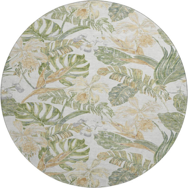 HomeRoots 8' Floral Washable Round Rug in Ivory, Green & Beige - Durable, UV-Protected, Easy Care Elegance 697839