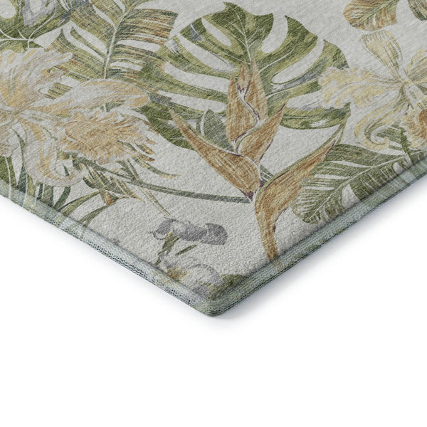 HomeRoots 8' Floral Washable Round Rug in Ivory, Green & Beige - Durable, UV-Protected, Easy Care Elegance 697839