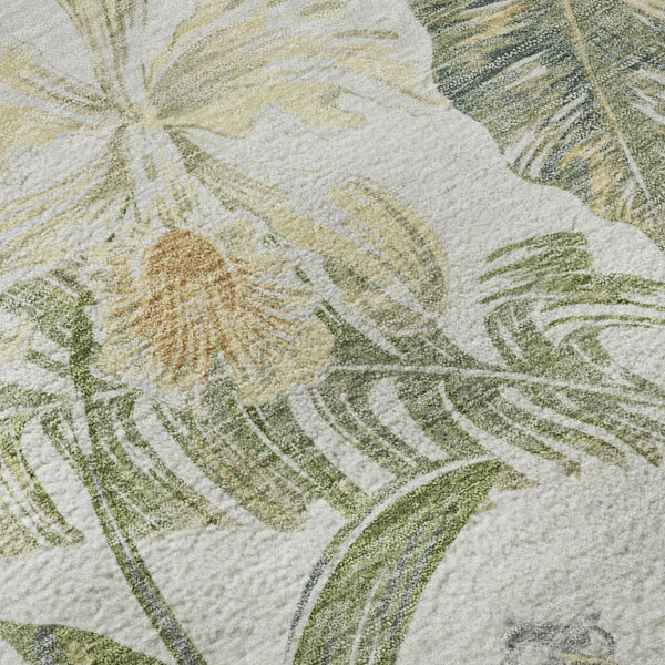 HomeRoots 8' Floral Washable Round Rug in Ivory, Green & Beige - Durable, UV-Protected, Easy Care Elegance 697839