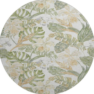 HomeRoots 8' Floral Washable Round Rug in Ivory, Green & Beige - Durable, UV-Protected, Easy Care Elegance 697839