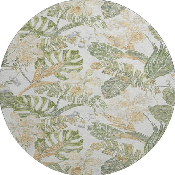 HomeRoots 8' Floral Washable Round Rug in Ivory, Green & Beige - Durable, UV-Protected, Easy Care Elegance 697839