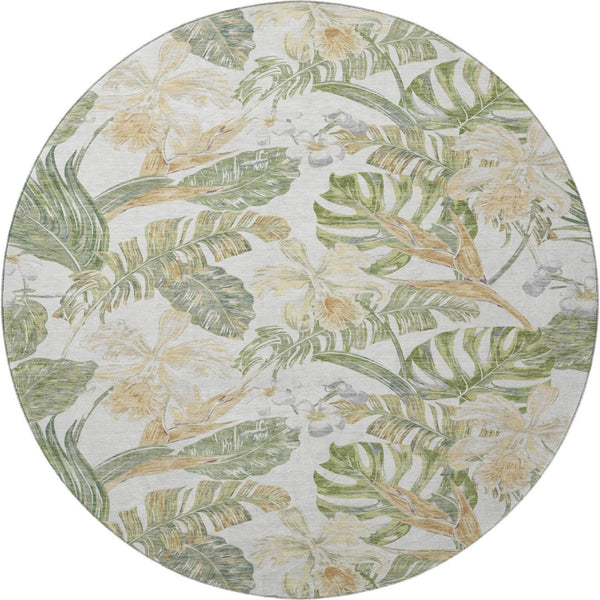 HomeRoots 8' Floral Washable Round Rug in Ivory, Green & Beige - Durable, UV-Protected, Easy Care Elegance 697839