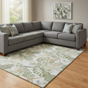 HomeRoots 8' X 10' Washable Floral Area Rug in Ivory, Green & Beige - Durable, UV Protected for Indoor/Outdoor Use 697840