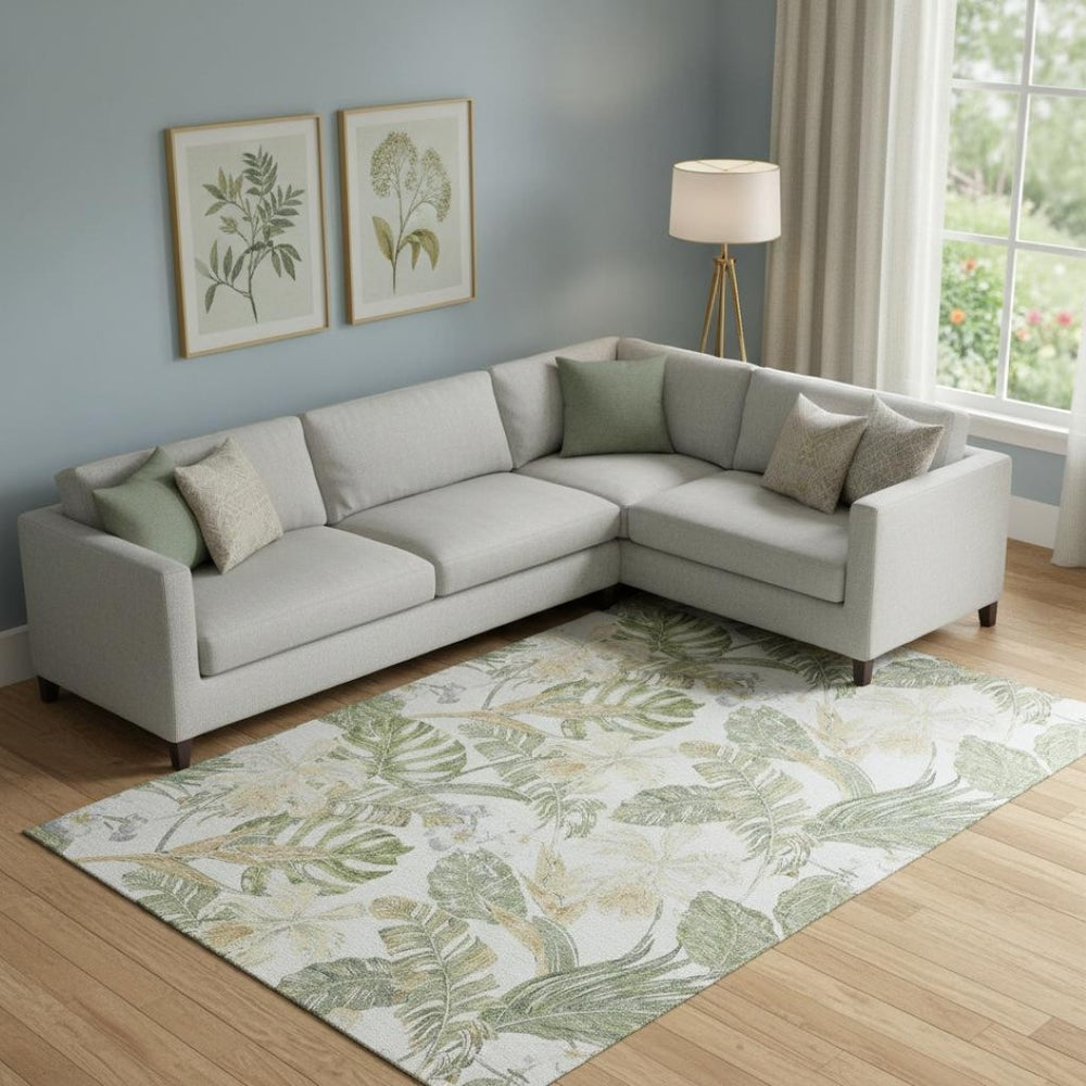 HomeRoots 9' X 12' Elegant Ivory Green Floral Washable Area Rug with UV Protection & Non-Slip Backing 697841