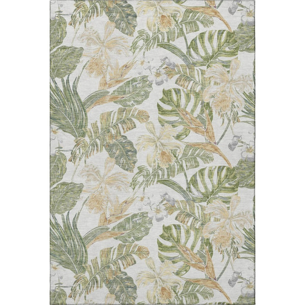 HomeRoots 9' X 12' Elegant Ivory Green Floral Washable Area Rug with UV Protection & Non-Slip Backing 697841
