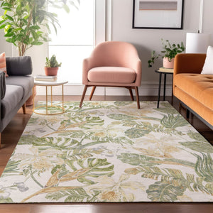 HomeRoots 10' X 14' Ivory Green Floral Area Rug - Washable, UV Protected, Stain Resistant for Home & Patio 697842