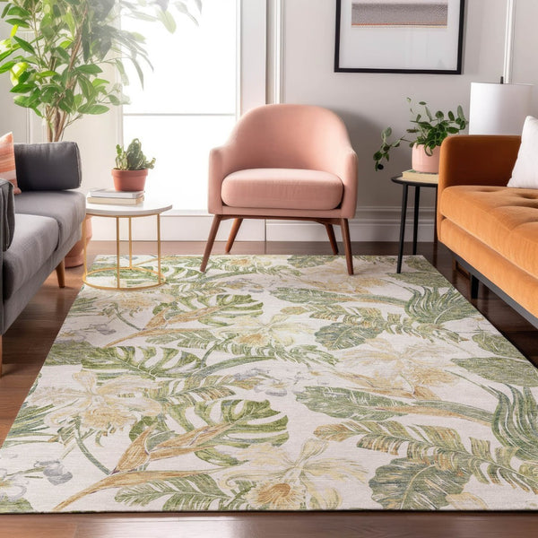 HomeRoots 10' X 14' Ivory Green Floral Area Rug - Washable, UV Protected, Stain Resistant for Home & Patio 697842