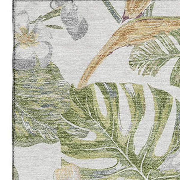 HomeRoots 10' X 14' Ivory Green Floral Area Rug - Washable, UV Protected, Stain Resistant for Home & Patio 697842