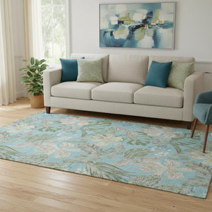 HomeRoots 5' X 8' Stylish Teal Green & Ivory Floral Washable Area Rug with UV Protection for Busy Homes 697844