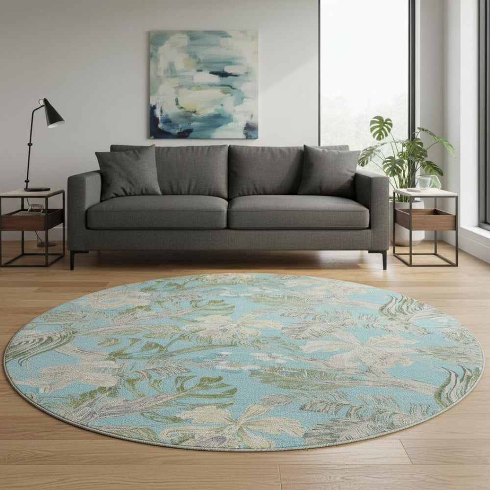 HomeRoots 8' Teal Green and Ivory Floral Round Rug – Washable, UV Protected, Durable, Ideal for Families 697845