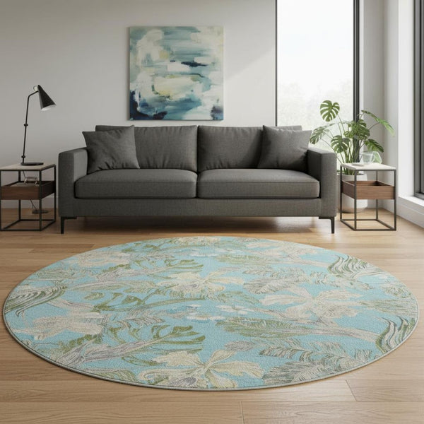 HomeRoots 8' Teal Green and Ivory Floral Round Rug – Washable, UV Protected, Durable, Ideal for Families 697845