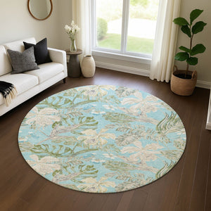 HomeRoots 8' Teal Green and Ivory Floral Round Rug – Washable, UV Protected, Durable, Ideal for Families 697845