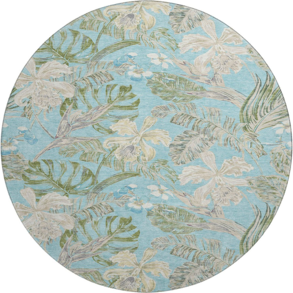 HomeRoots 8' Teal Green and Ivory Floral Round Rug – Washable, UV Protected, Durable, Ideal for Families 697845