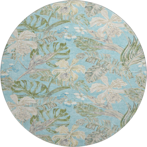 HomeRoots 8' Teal Green and Ivory Floral Round Rug – Washable, UV Protected, Durable, Ideal for Families 697845