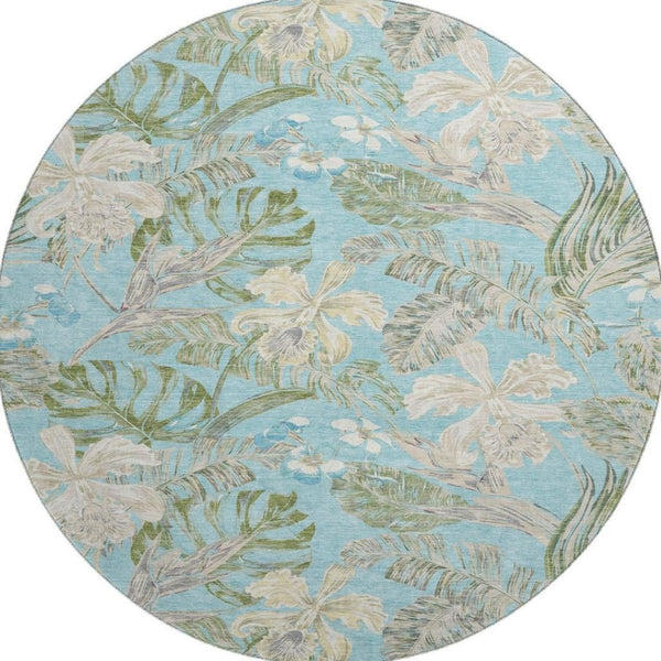 HomeRoots 8' Teal Green and Ivory Floral Round Rug – Washable, UV Protected, Durable, Ideal for Families 697845