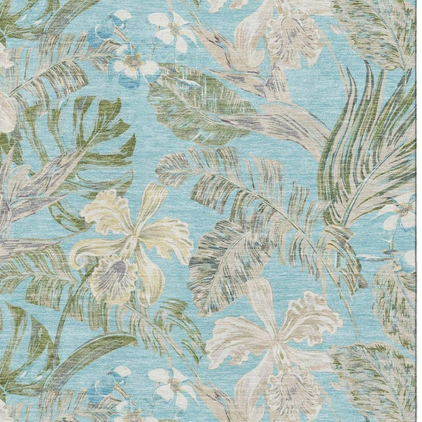 HomeRoots 8' X 10' Teal Green & Ivory Floral Area Rug - Washable, UV-Protected, Perfect for High-Traffic Spaces! 697846