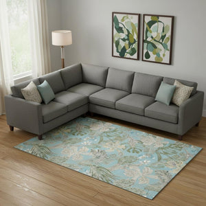 HomeRoots 10' X 14' Teal Green and Ivory Floral Area Rug - Washable, UV-Protected, Stain-Resistant Elegance! 697848