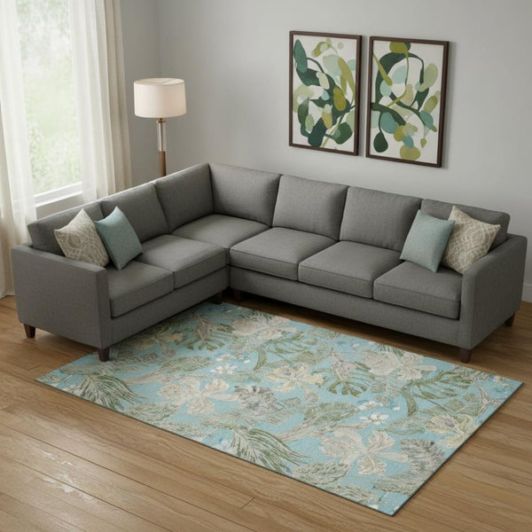 HomeRoots 10' X 14' Teal Green and Ivory Floral Area Rug - Washable, UV-Protected, Stain-Resistant Elegance! 697848