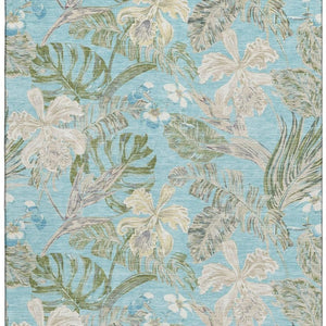 HomeRoots 10' X 14' Teal Green and Ivory Floral Area Rug - Washable, UV-Protected, Stain-Resistant Elegance! 697848