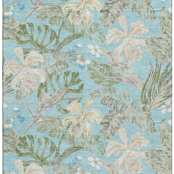HomeRoots 10' X 14' Teal Green and Ivory Floral Area Rug - Washable, UV-Protected, Stain-Resistant Elegance! 697848