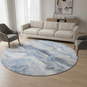 HomeRoots 8' Stylish Blue Gray and Silver Abstract Washable Round Rug with UV Protection for High-Traffic Areas 697851