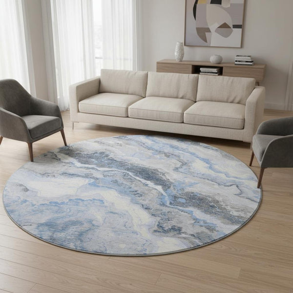 HomeRoots 8' Stylish Blue Gray and Silver Abstract Washable Round Rug with UV Protection for High-Traffic Areas 697851