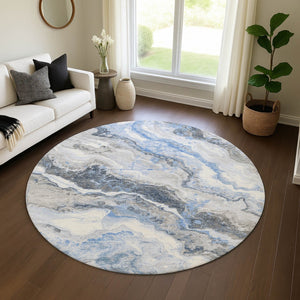 HomeRoots 8' Stylish Blue Gray and Silver Abstract Washable Round Rug with UV Protection for High-Traffic Areas 697851