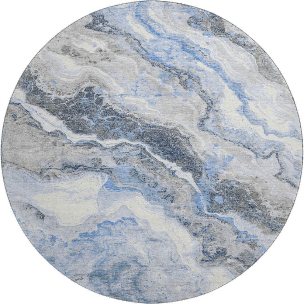 HomeRoots 8' Stylish Blue Gray and Silver Abstract Washable Round Rug with UV Protection for High-Traffic Areas 697851