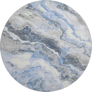 HomeRoots 8' Stylish Blue Gray and Silver Abstract Washable Round Rug with UV Protection for High-Traffic Areas 697851