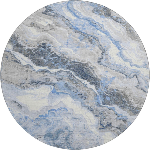 HomeRoots 8' Stylish Blue Gray and Silver Abstract Washable Round Rug with UV Protection for High-Traffic Areas 697851