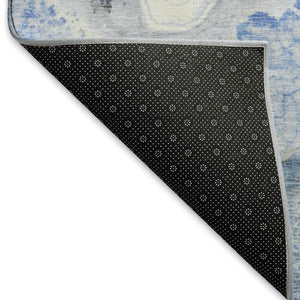 HomeRoots 8' Stylish Blue Gray and Silver Abstract Washable Round Rug with UV Protection for High-Traffic Areas 697851