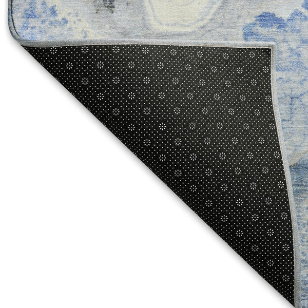HomeRoots 8' Stylish Blue Gray and Silver Abstract Washable Round Rug with UV Protection for High-Traffic Areas 697851