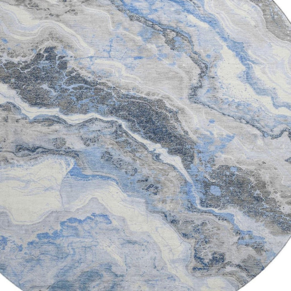 HomeRoots 8' Stylish Blue Gray and Silver Abstract Washable Round Rug with UV Protection for High-Traffic Areas 697851