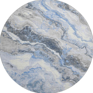 HomeRoots 8' Stylish Blue Gray and Silver Abstract Washable Round Rug with UV Protection for High-Traffic Areas 697851