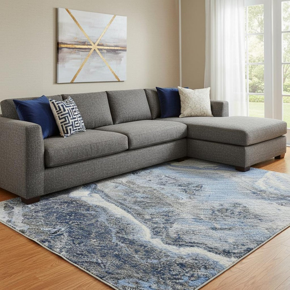 HomeRoots 8' X 10' Contemporary Blue Gray & Silver Abstract Area Rug - Washable, Stain Resistant, UV Protected 697852