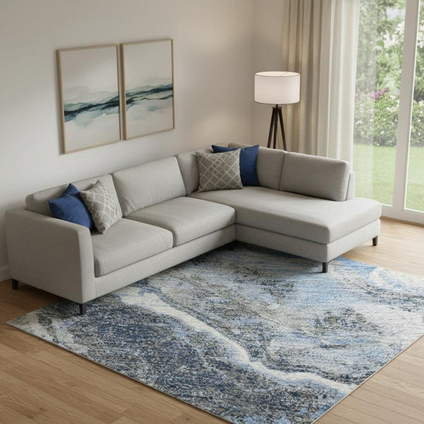 HomeRoots 10' X 14' Stylish Blue Gray & Silver Abstract Washable Area Rug with UV Protection for Busy Homes 697854