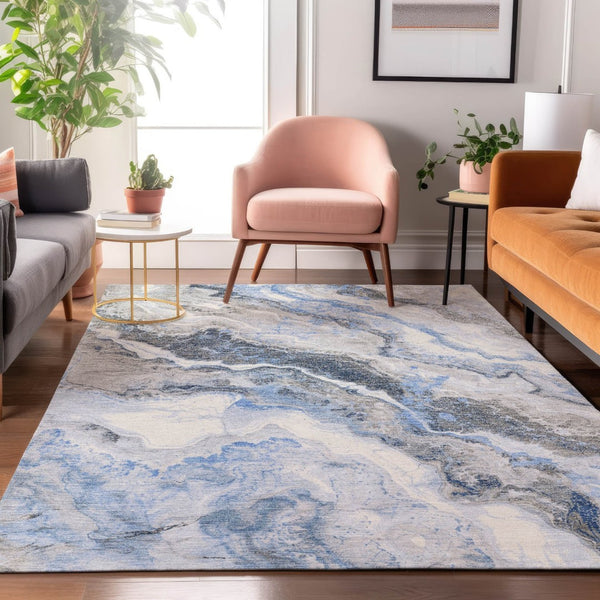 HomeRoots 10' X 14' Stylish Blue Gray & Silver Abstract Washable Area Rug with UV Protection for Busy Homes 697854