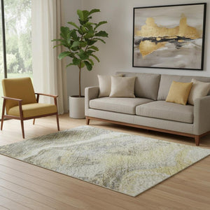 HomeRoots 5' Gold Gray Ivory Abstract Area Rug - Washable, UV Protected, Stain-Resistant, Modern Design! 697856