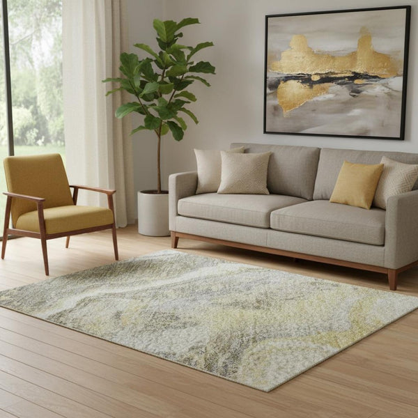 HomeRoots 5' Gold Gray Ivory Abstract Area Rug - Washable, UV Protected, Stain-Resistant, Modern Design! 697856