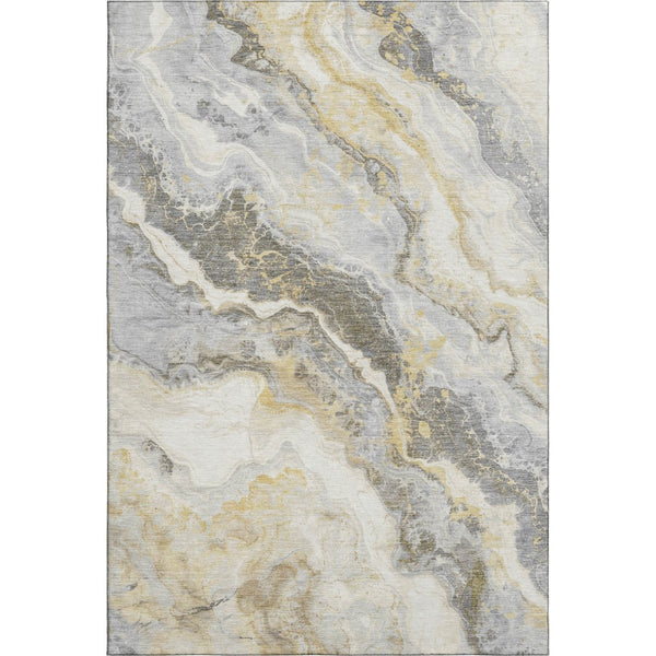 HomeRoots 5' Gold Gray Ivory Abstract Area Rug - Washable, UV Protected, Stain-Resistant, Modern Design! 697856