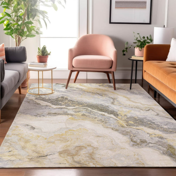 HomeRoots 5' Gold Gray Ivory Abstract Area Rug - Washable, UV Protected, Stain-Resistant, Modern Design! 697856