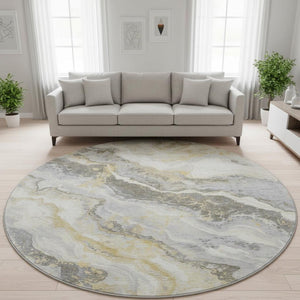 HomeRoots 8' Gold Gray And Ivory Abstract Washable Round Rug - Durable, UV-Protected, Stylish & Easy to Clean! 697857